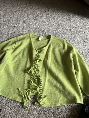 Chicos Flora Fringe Cardigan Sweater Market Green 100% Wool Size 2 L NEW
